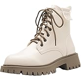 YHEROHG Women's Leather Platform Combat Boots Fashion Side Zipper Round toe Lace Up Chunky Lug Sole High Top Ankle Boots Comfort Waterproof Non-Slip Casual Short Booties