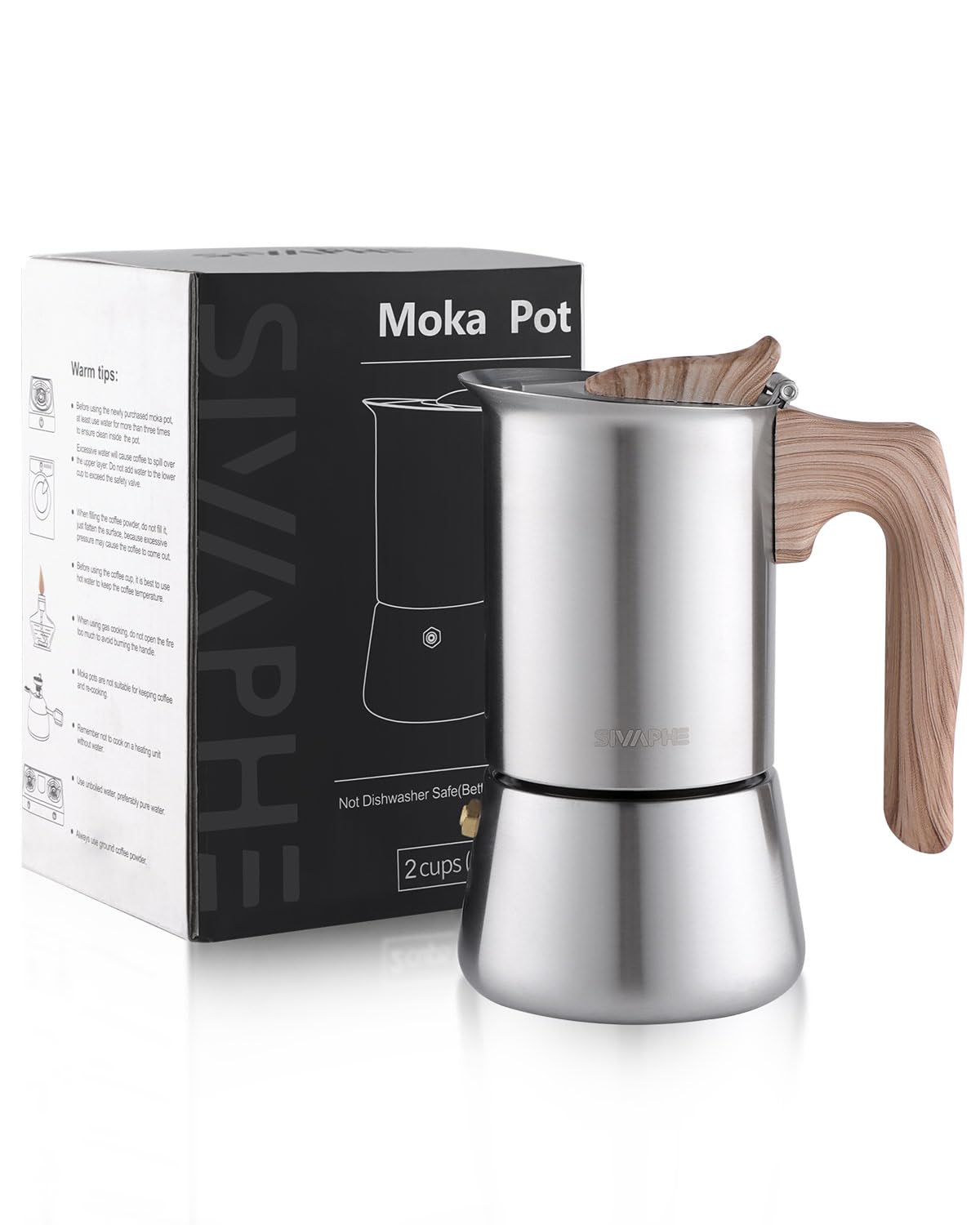 Sivaphe Stovetop Espresso Maker 100ml | Italian Coffee Percolator Maker Moka Pot | Stainless Steel Coffee Pot 2 Italian Cups (2x50ml)