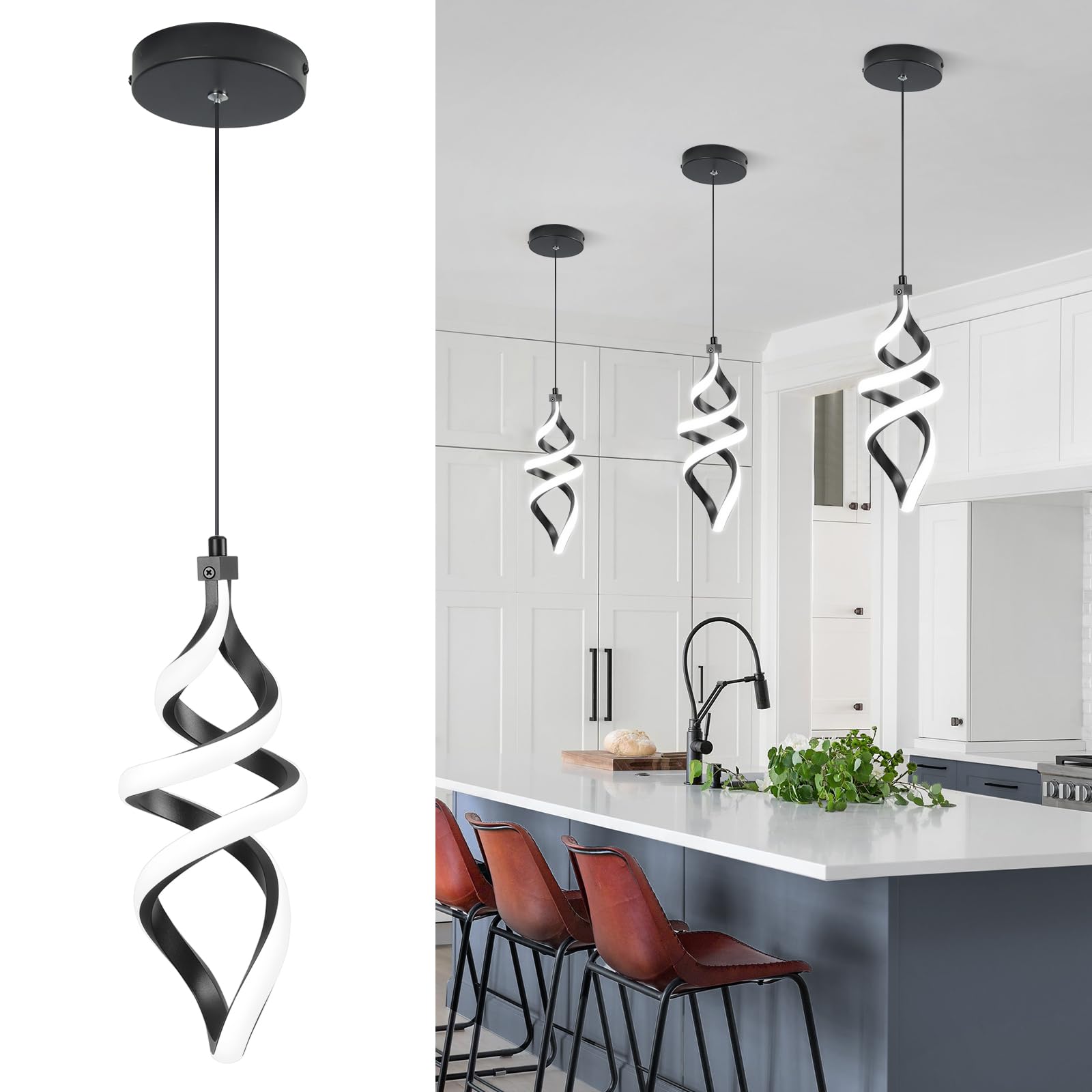 Photo 1 of Modern Led Pendant Light Fixture, 15W Black Spiral Led Chandelier Hanging Lamp, 4500K Daylight White Pendant Lamp, Adjustable Height Pendant Light for Kitchen Dining Room Bedroom Kitchen Island Cafe