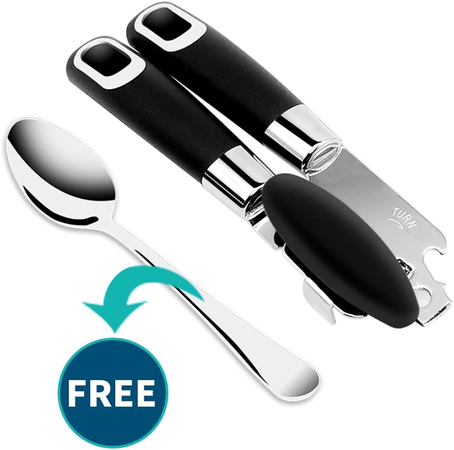 Can Opener,Kuorle Professional Portable Manual Built in Bottle Opener Heavy Duty Stainless Steel Tin Opener&Spoon Ergonomically Designed double Handles and Easy to Turn Knob.