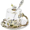 LANTREE Fancy Tea Cups Flower Coffee Mugs with Lid Mother's Day Gift Birthday Gifts for Female Valentines Day Christmas Gift Jasmine 11oz