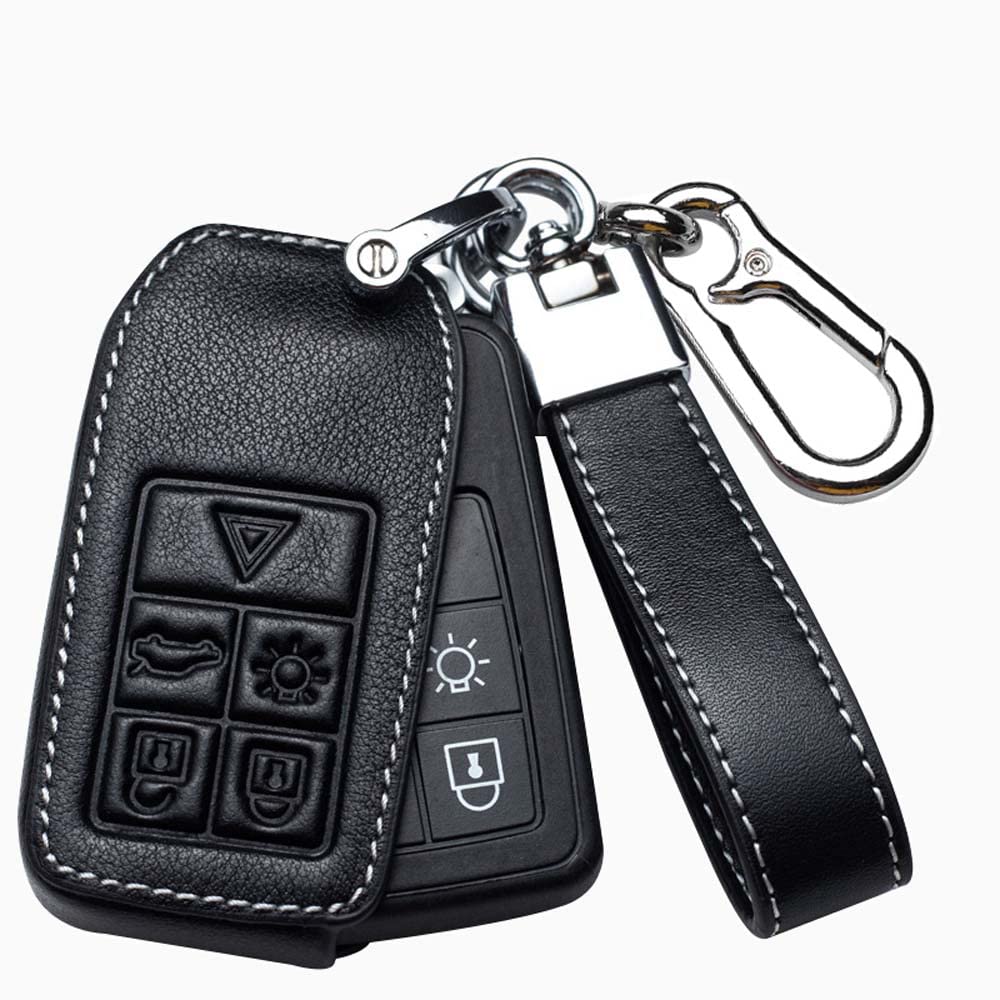 HIBEYO Smart Car Key Case Fits Volvo Key Case Cowhide Leather for Volvo V40 V60 V70 V90 S80 XC60 XC70 T3 T4 T5 S60L S80L Remote Key Fob 5 Buttons Black