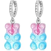 Qings Gummy Bear Hoop Earrings - Sterling Silver Colorful Teddy Bears Resin Dangle Drop Earring Cute Pink Blue Cartoon Animal Huggies Candy Fairy Jewelry Gift for Women