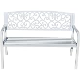 HI-LINE Harmony in White- Steel and Cast Iron Garden Bench for Outdoor Serenity