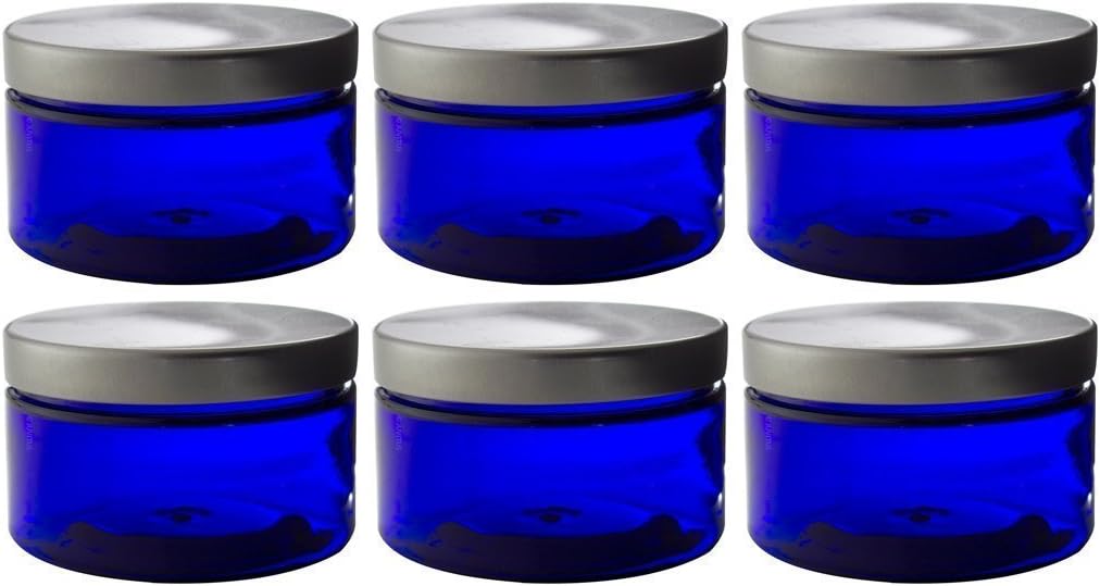 (Set of 6) Cobalt Blue 4 Ounce Jar with Black Smooth Lid PET Plastic (BPA Free) Refillable Straight Sided Jar