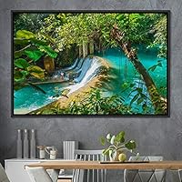 Framed Canvas Wall Art Forest Waterfalls Group Multicolor Nature Photography Realism Relax/Calm - 16x24 inches
