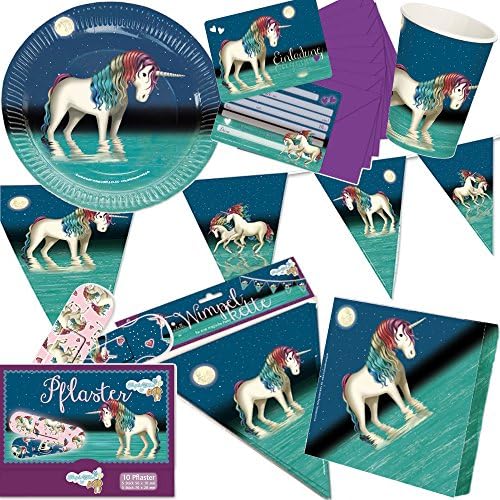 102 Piece Luna Belle Design Unicorn Party Set for Children's Birthday Party Invitations with Plates/Cups/Napkins/Bunting/Plaster + + Balloons etc/Horse Dream Moon Night Magic Celebration