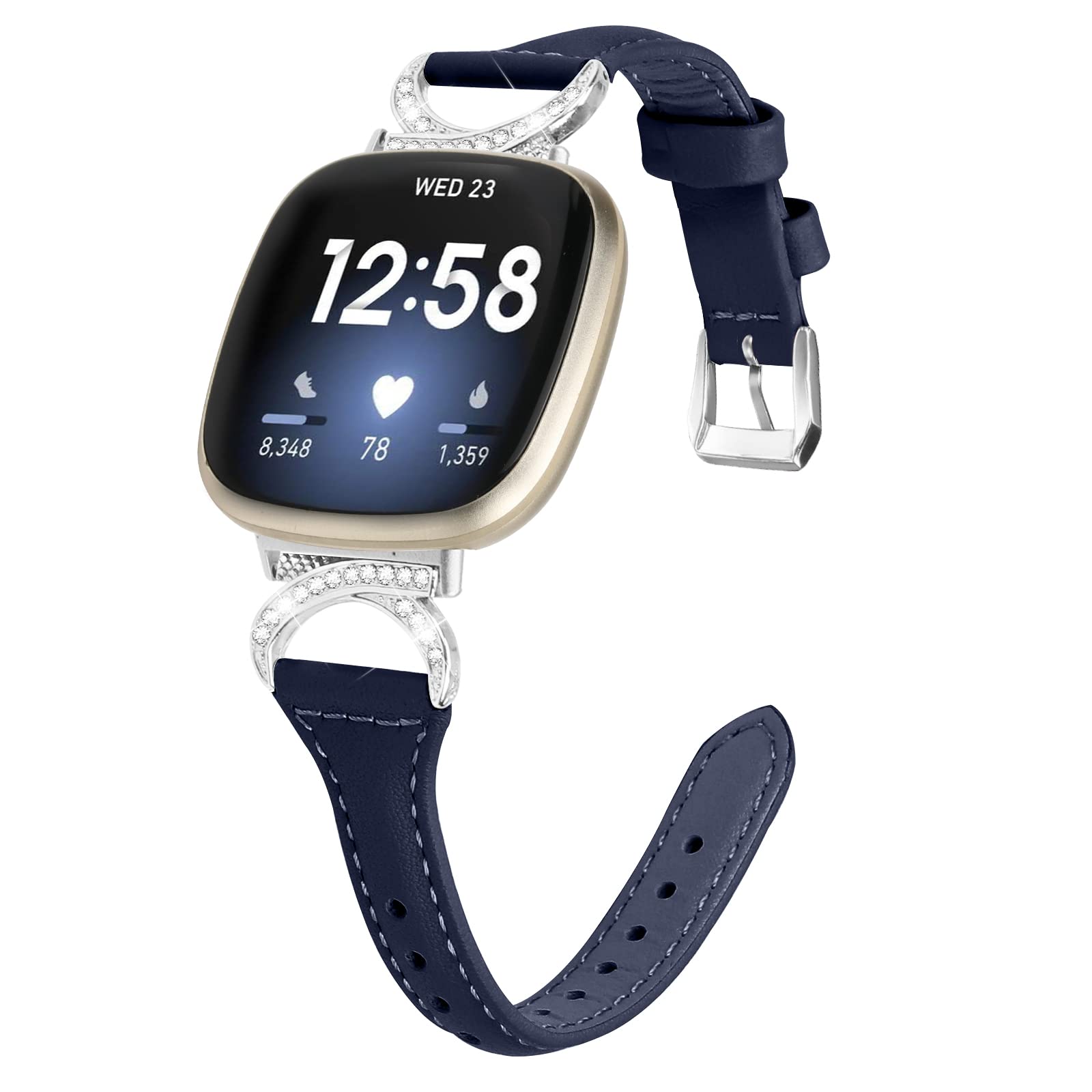 Gimuk Leather Strap Compatible with Fitbit Versa 4/Sense 2 - Women's Genuine Leather Sport Band with Metal Bling Rhinestone for Fitbit Versa 3/Sense (Blue)