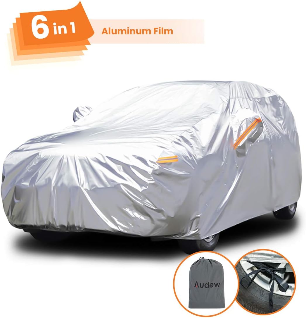 Audew Full Car Cover Sedan Car Covers 6 in 1 Layer Waterproof for SUV, Breathable, Dustproof, UV and All Weather Protection, Scratch Resistant, 500 * 193 * 150cm