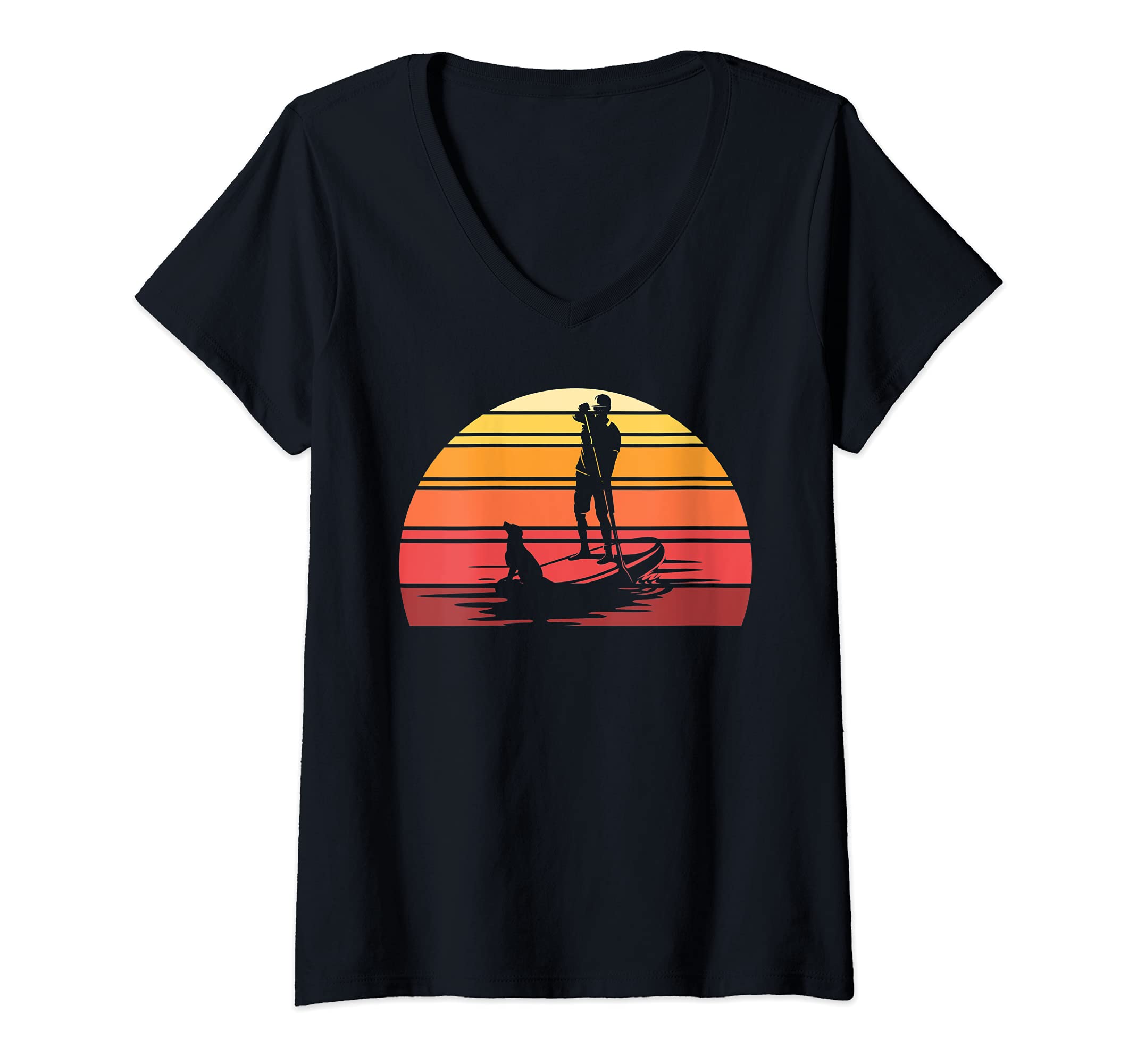 Womens Retro Stand Up Paddler Animal Dog SUP Stand Up Paddling V-Neck T-Shirt