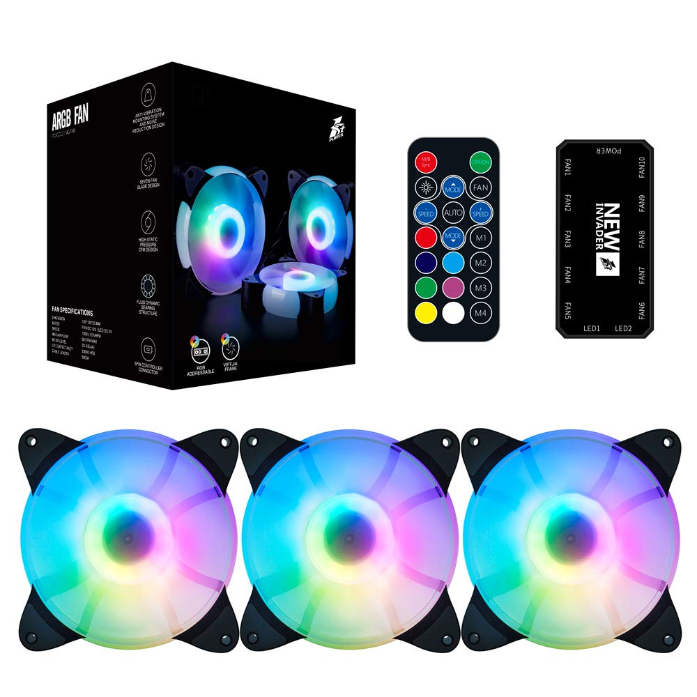 1STPLAYER Ultra Quiet 120mm Addressable RGB Case Fan Combo CC, 5V 3PIN Motherboard Sync, 10Port