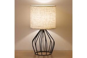 HAITRAL Black Modern Table Lamp - Minimalist Small Bedside Lamp with Hollowed Out Base Linen Fabric Shade, Vintage Nightstand Lamp for Bedroom Living Room Side Table Desk Kids Room