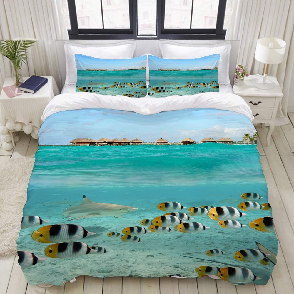 MISCERY Duvet Cover Set A Blacktip Reef Shark Chasing Butterfly Fish in The Shallow Water of The Lagoon Decorative 3pcs Bedding Set Matching 2 Pillow Shams Queen Size