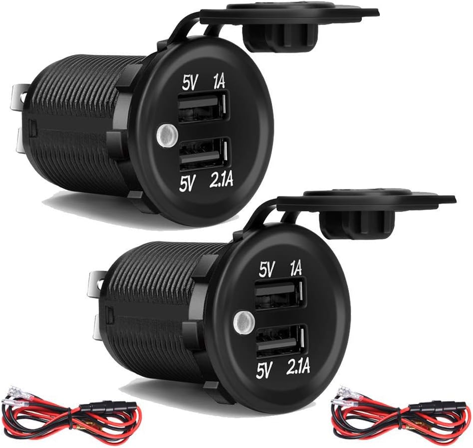 2-pack USB Car Charger Socket, 12V 2A/1A Dual Waterproof Power Outlet Fast Charger, for Car Boat Marine Motorcycle, with Wire Fuse DIY Kit by ZHSMS