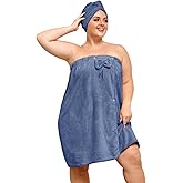 HJMJY Plus Size Towel Wrap with Hair Towel for Women,Women Shower Wrap Spa Bathrobe Comfortable Bath Towels Body Wrap Adjustable + Hair Drying Towel,Dark Blue XL-XXL