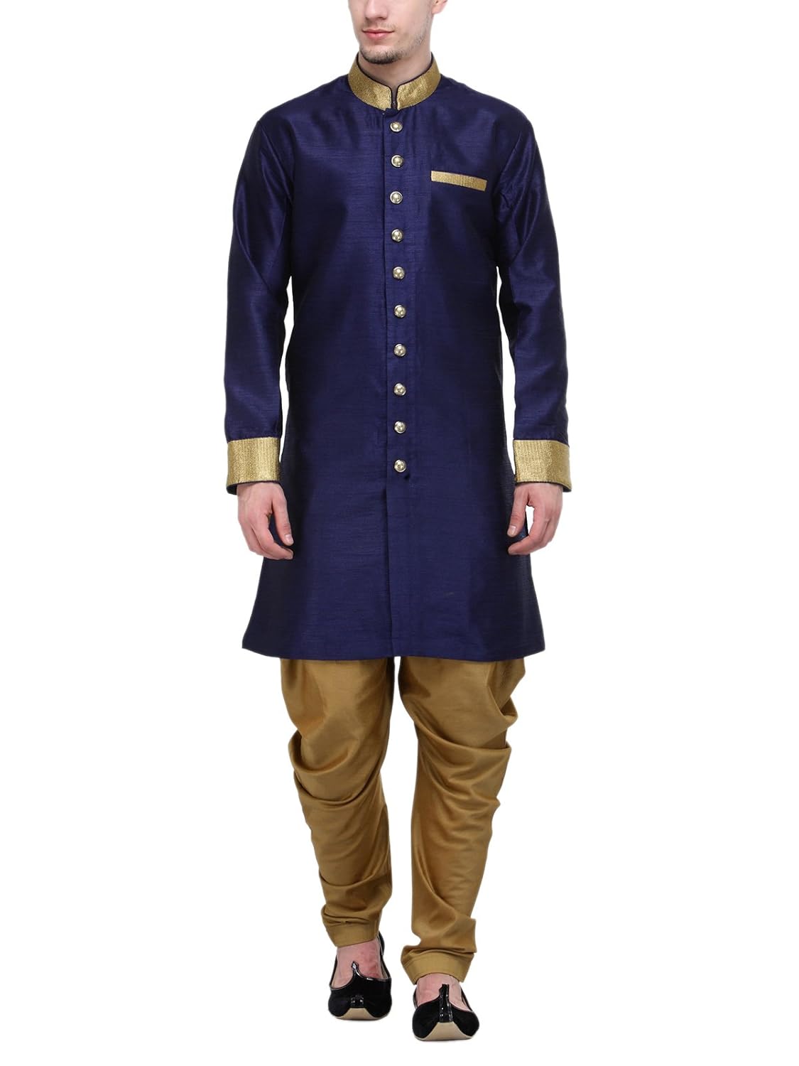rg designers navy and gold plain sherwani for men