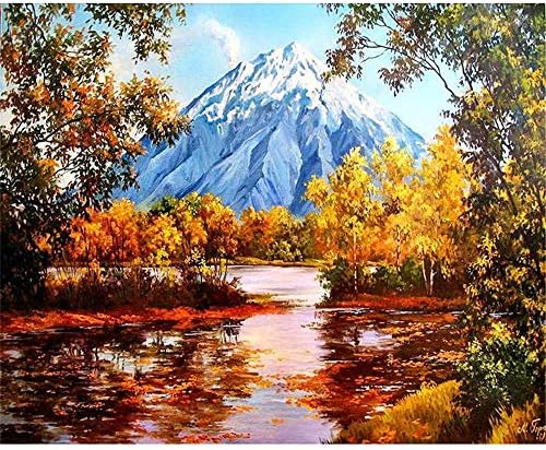 Diy 5D Diamond Painting Kits Full Drill Diamond Paint by Number for Adults Kids,Diamond Rhinestone Crystal Painting Kit Art Craft for Home Wall Decor- Yellow Trees Snowy Mountains, 11.8X19.7 Inch