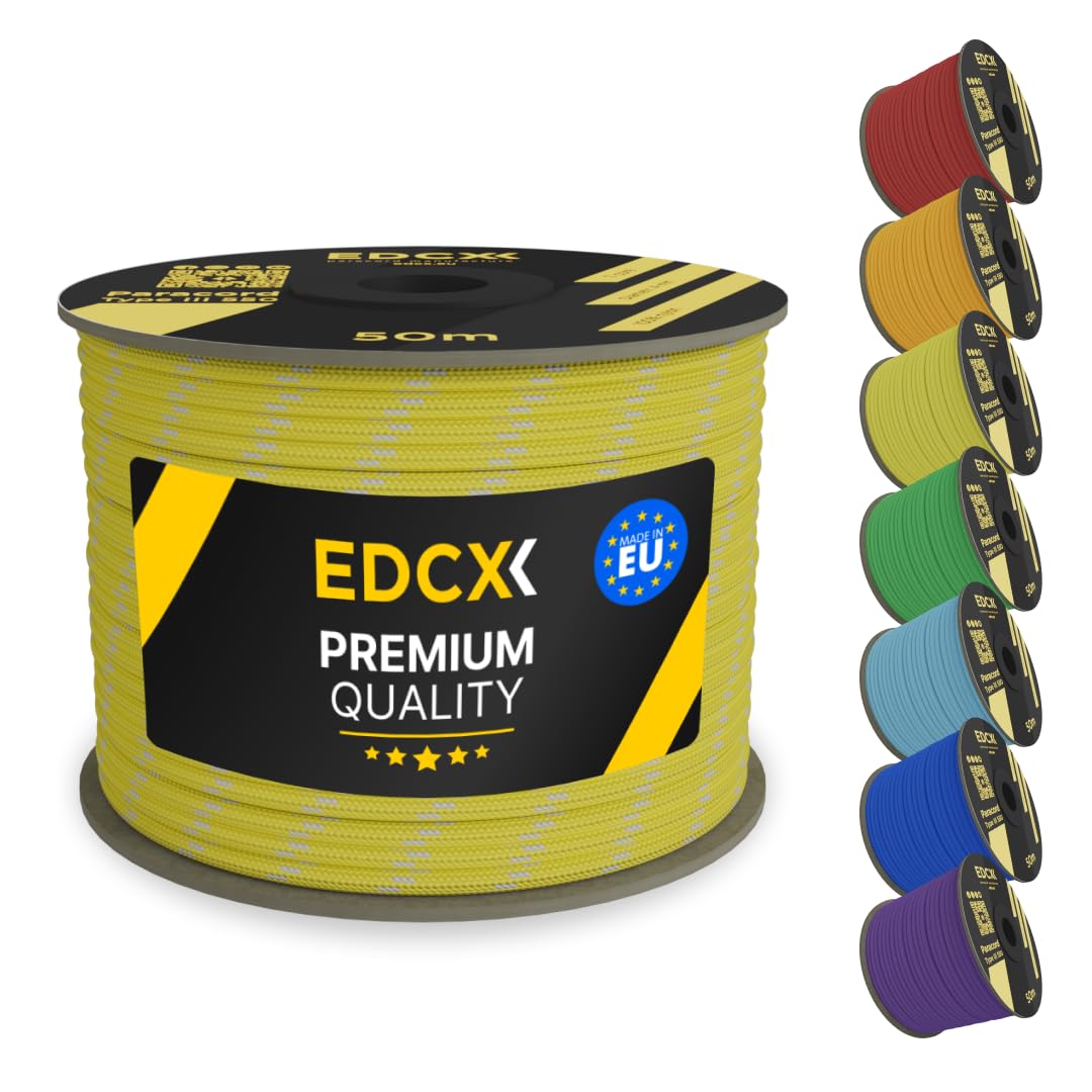 EDCX 4mm Nylon Paracord 550 50m (165 feet) | Ideal for Camping, Survival, Outdoor, Crafting, DIY | 100% Nylon Rope 4mm | Paracord 550 Type III in Solid Color (Reflective Yellow, 50 m)