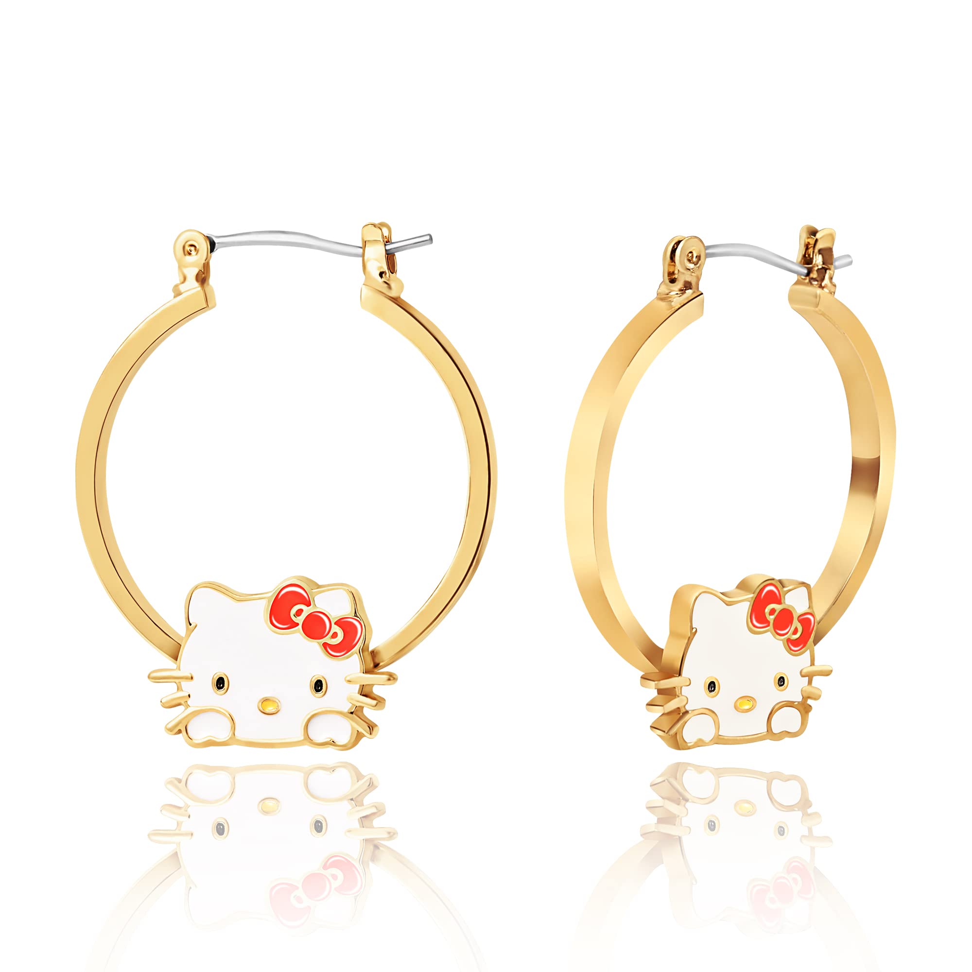 Hello Kitty Hoop Earrings for Women Official License, Gold Tone Flash-Plated and Enamel Sanrio Earrings
