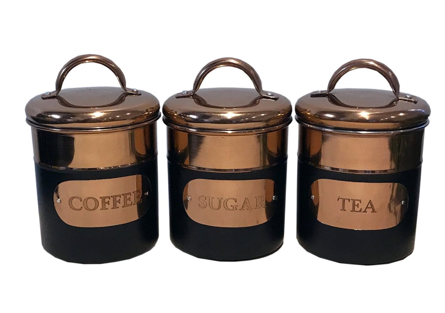 Black & Copper Metal Tea Coffee Sugar Storage Canister Set Jar Pots Tins