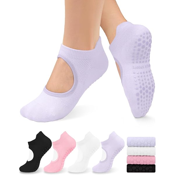 Pack 4 Chaussettes Yoga Antidérapantes Femme - Pour Yoga, Pilates, Barre | Semelle Grip Points | Taille 35-42
