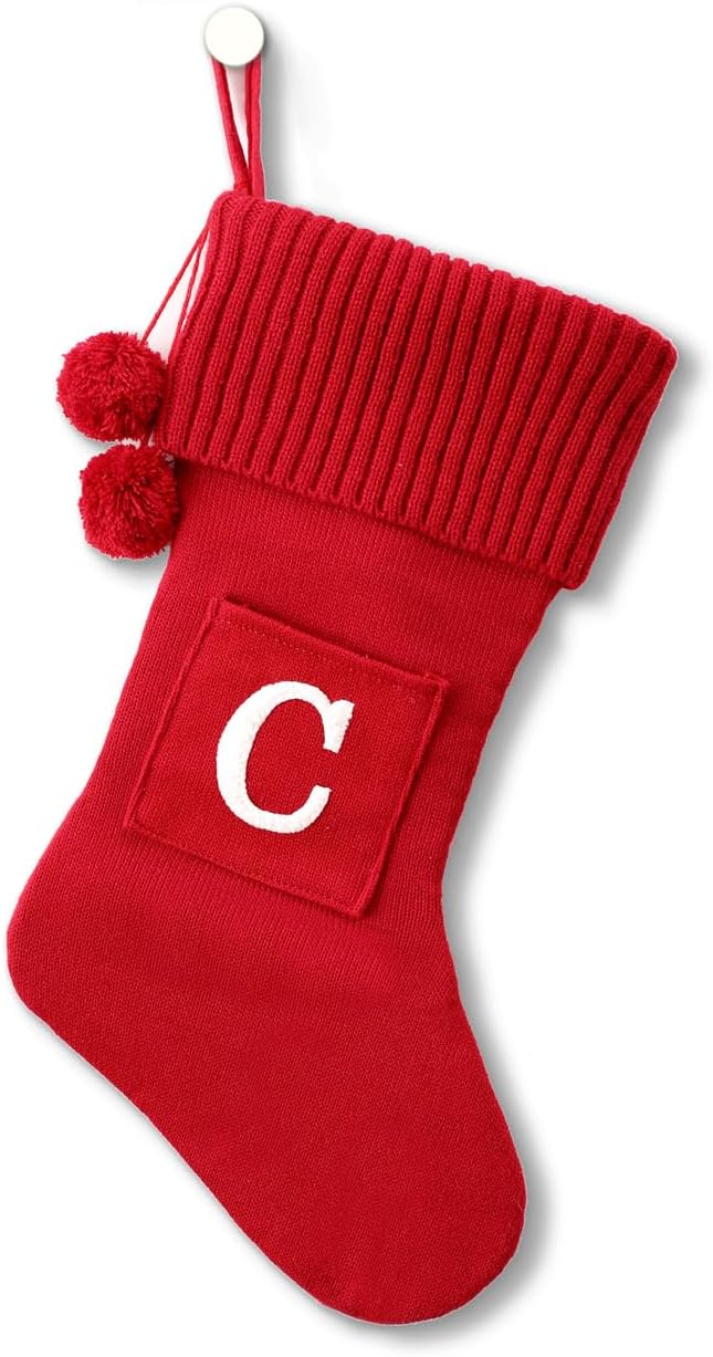 Stockings & Holders - CRSMHLPK 20 Inches Initial Christmas Stocking Monogram Christmas Stocking red Soft Knitted with White Embroidered Letter Christmas decorations-02-C-Red