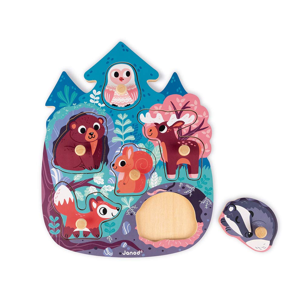 Janod - Happy Forest Puzzle 6 Pieces (Wood) - Develops Fine Motor Skills and Concentration - From 18 Months Old, J07097