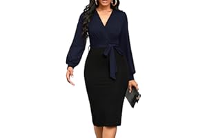 Runwind Women's Work Bodycon Pencil Dress Long Sleeve with V-Neckline Design and Belt