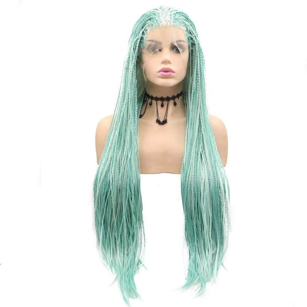 RainaHair Long Braided Wig Blue Highlight Color Synthetic Lace Front Wig Box Braided Wigs Natural Hairline Afro American for Women 26 inches