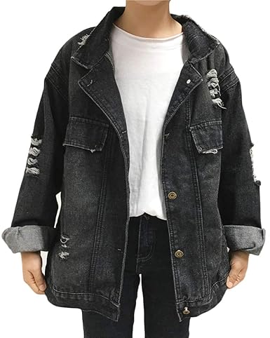 LiangZhu Denim Mantel Damen Beunruhigt Loch Jeansjacke Vintage Langarm Lose Jeans Jacke Outwear