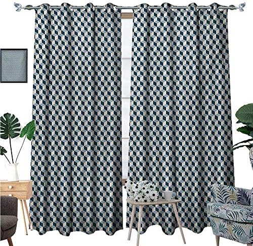 BlountDecor Geometric Window Curtain Fabric 3D Effect with Stacked Cubes Pattern Grid Style Squares Arrangement Drapes for Living Room W84 x L96 Pale Blue Dark Blue