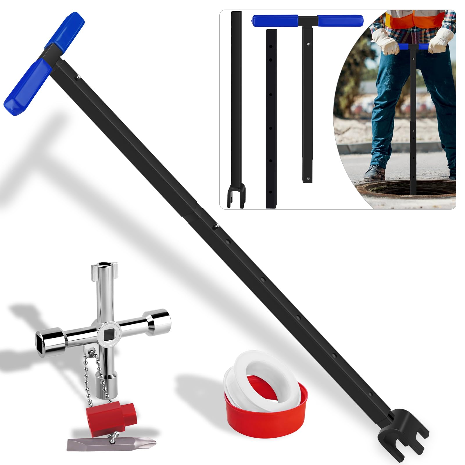Photo 1 of Water Meter Key Shut Off Tool 15 Inch to 28 Inch with 4-way Multi-Functional Utilities Key, T-Handle Removable Water Meter Wrench for Curb Main and Water Meters, Underground Stop or Waste Valves