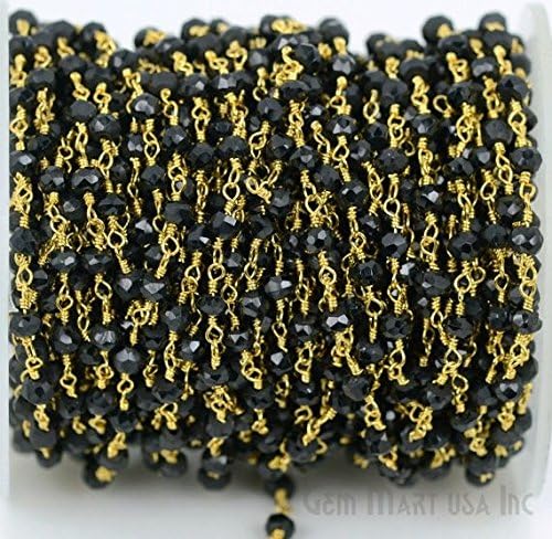 10 Feet Beautiful Black Spinel, 3-3.5mm 24k gold plated wire wrapped Rosary Chain by feet (GPBS-30002)