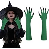 Ncozwo Witch Green Gloves Black Long Nail Elphaba Gloves Witch Devil Elf Glove with Black Fingernails Performance Paw Accessories for Carnival Halloween Role-playing Party Decoration