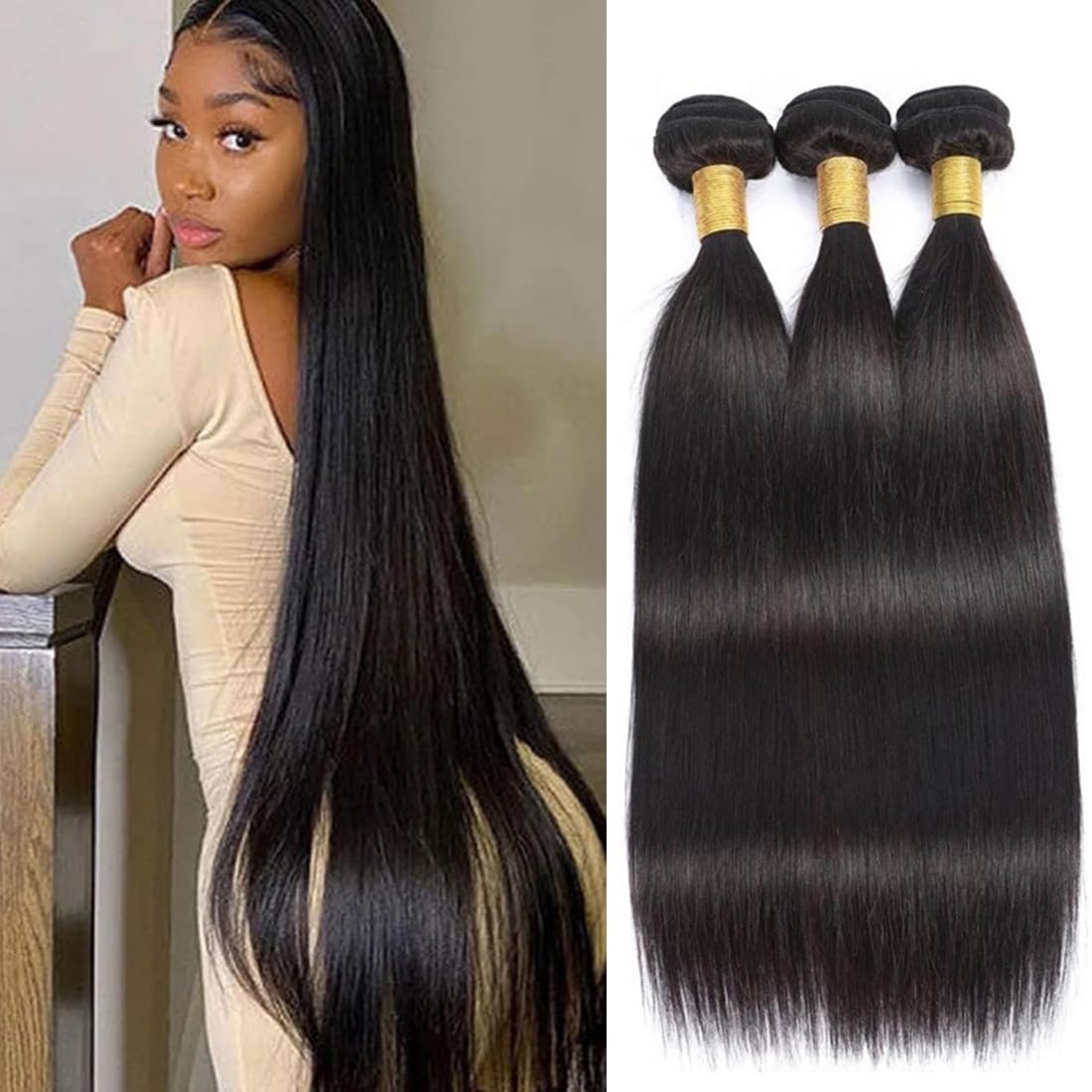MsSunlight 12A Human Hair Bundles Straight Human Hair Bundles Weave Extensions Unprocessed Virgin Brazilian Hair Bundles Weft 3 Bundles Natural Color (Natural Black, 26 26 26 Inch) — image 1
