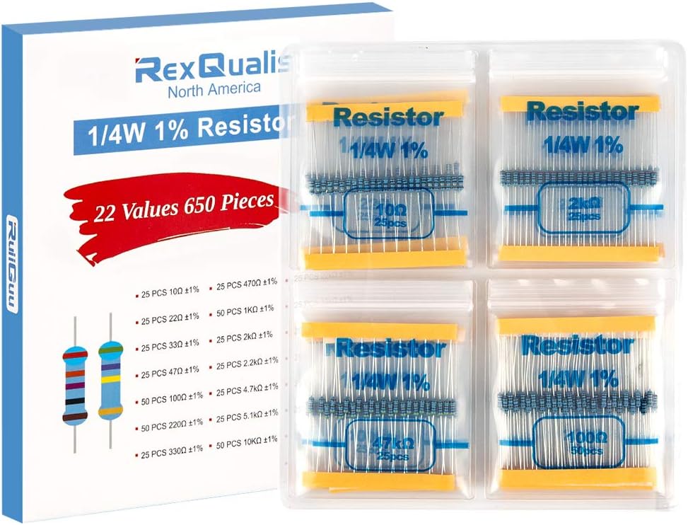 REXQualis Resistor Kit, 650 Pieces 22 Values 1/4W 1% Resistor Assortment Kit, 10 Ohm - 1M Ohm (Pack of 650)