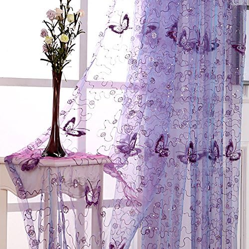 LQF Window Treatments Flora Embroidered Sheer Curtain Panel , Tulle Voile Door Window Rom Curtain Drape Panel Sheer Scarf Valances, Purple, W54 x L84 inch (1 Panel)