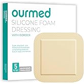 Ourmed Silicone Foam Dressing with Border Adhesive - Large Absorbent Waterproof Bandage for Wound Care, Foot Diabetic Ulcer, Leg Ulcer, 6" x 6", 5 Pack