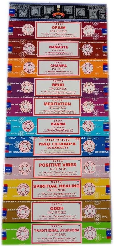 Satya Incense Set 12x15g: Nag, Super Hit, Oodh, Karma, Meditation