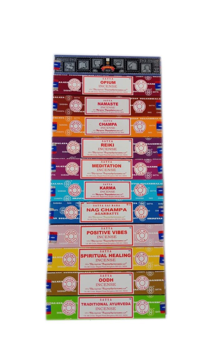 Satya Incense Set 12 x 15gram Includes: Nag, Super Hit, Oodh, Positive Vibes, Namaste, Champa, Opium, Reiki, Spiritual Healing, Karma, Traditional Ayurveda and Meditation, Packs