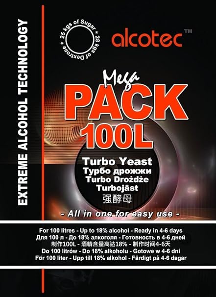 Alcotec Turbohefe - MEGA PACK 100L, Wodkahefe, Destillieren hefe, Hefe für Fusel, Hefe für Maische, Turbohefe für früchte mai