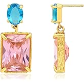 Watforsh Valentines 14K Gold Plated Pink and Blue Aquamarine Crystal Stud Square Stone Drop Dangle Geometric Earrings for Women Vacation Jewelry