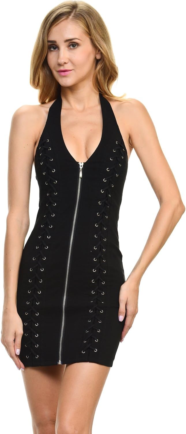 Sexy Stretch Side Crisscrossed Zipper Halter Rave Club Wear Dress (L-3530)