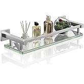Alise Bathroom Glass Shelf with Stainless Steel Railing, Brushed Nickel Small Tempered Glass Floating Wall Shelf Over The Toi