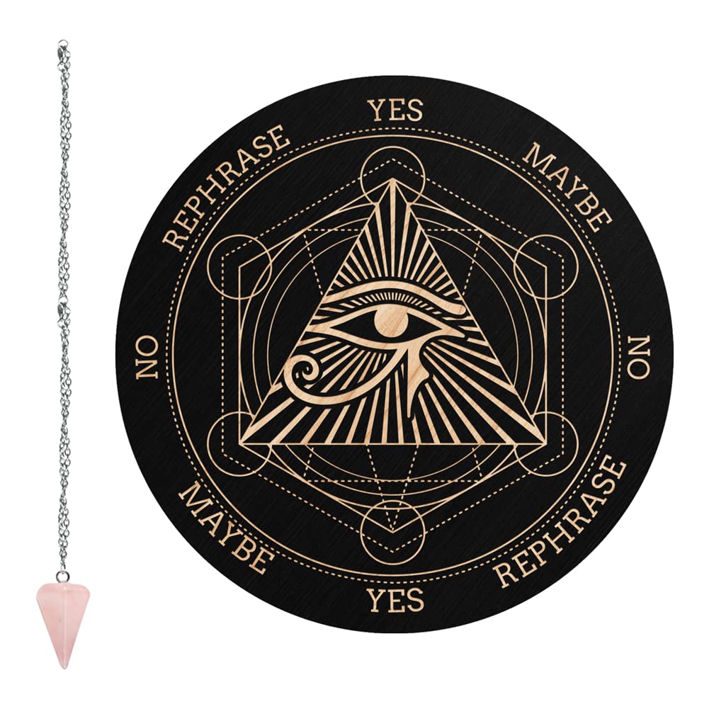 CRASPIRE Pendulum Board Eye of Horus Dowsing Divination Metaphysical Message Board 7.9Inch Wooden Carven Board with Rose Quartz Crystal Dowsing Pendulum Witchcraft Wiccan Altar Supplies Kit