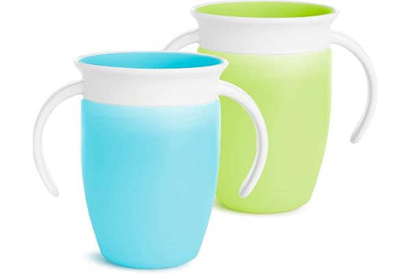 Munchkin Miracle 360 Sippy Cup for 6 Month Old, Spill Proof Baby and Toddler Cups with Transition Handles, 7 Ounce, 2 Pack, Blue/Green