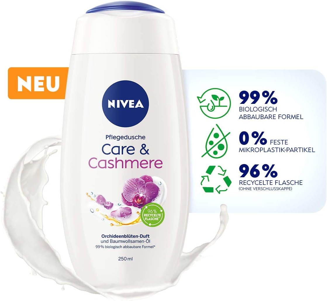 NIVEA Care & mere Shower Gel (250 ml), Sensual Scented Shower Gel with Velvety Soft Foam, Rich Cream Shower with Cotton Seed Oil - Image 4