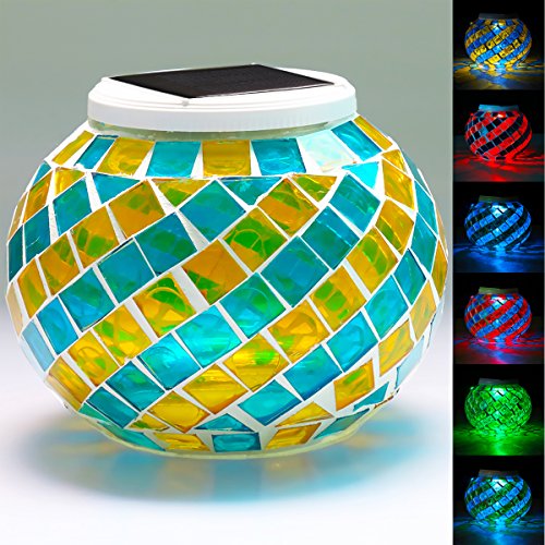 Christmas Solar Garden Table Light Mosaic Glass Ball Light with Color Changing Waterproof Outdoor Light Decorations for Christmas Halloween Decarations ,Outdoor Lawn (Yellow+Blue)