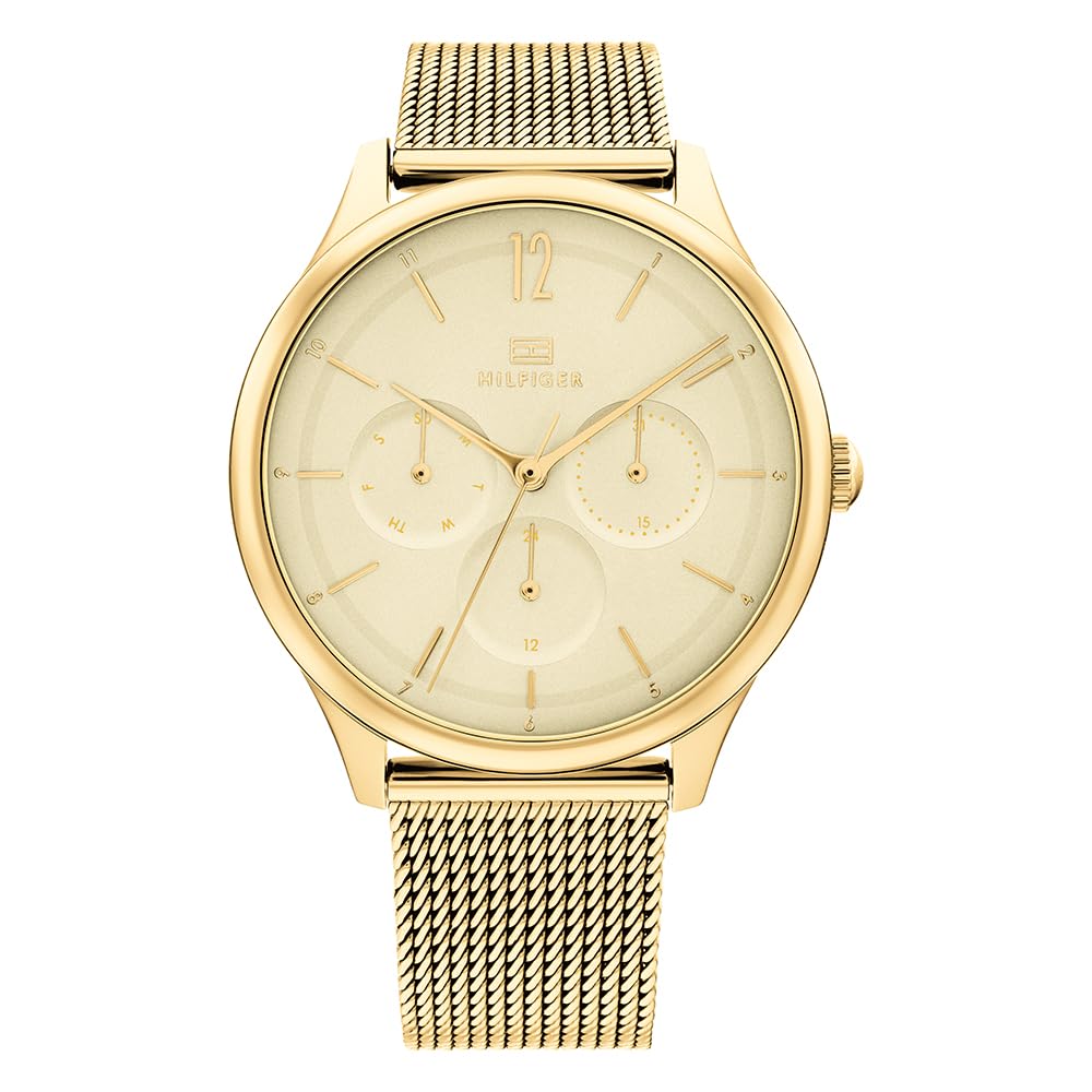 Tommy Hilfiger Analogue Multifunction Quartz Watch for Women with Gold Colored Stainless Steel Mesh Bracelet - 1782458