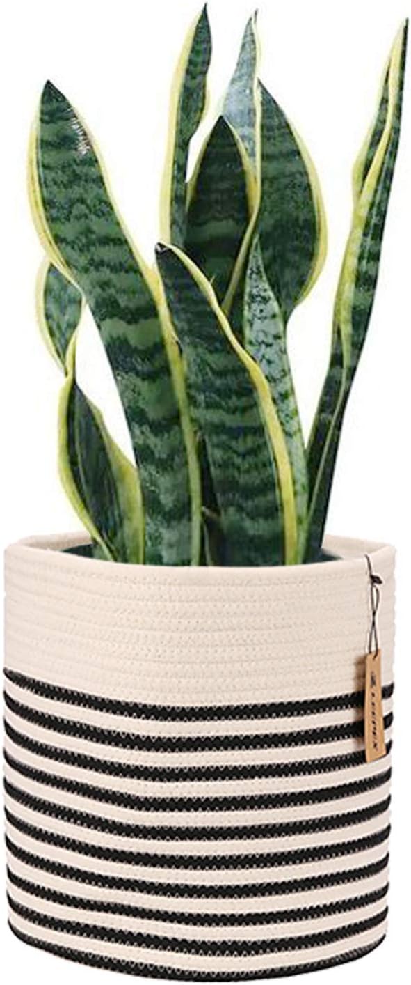 LEEPES Cotton Rope Plant Basket Modern Woven Basket for 11" Flower Pot Floor Indoor Planters,Storage Organizer Basket Rustic Home Decor,Black Stripes 12"x 12"